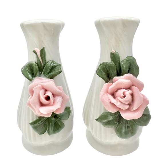 Ceramic Floral Salt and Pepper Shakers White with Pink Roses and Green Leaves - Picture 1 of 7